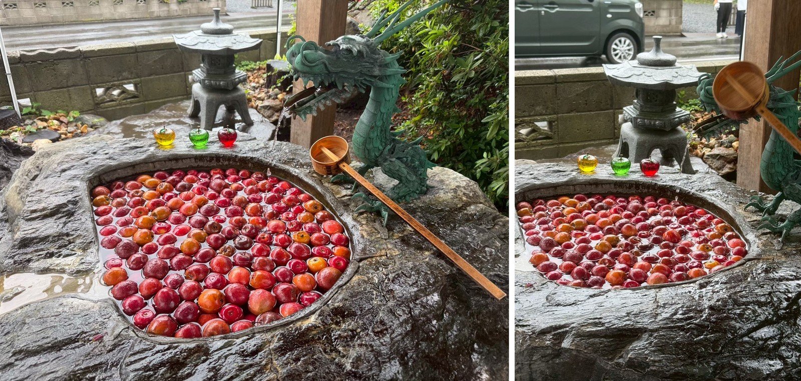青森 廣田神社 龍形出水口與浮滿真實紅蘋果的夢幻蘋果手水舍