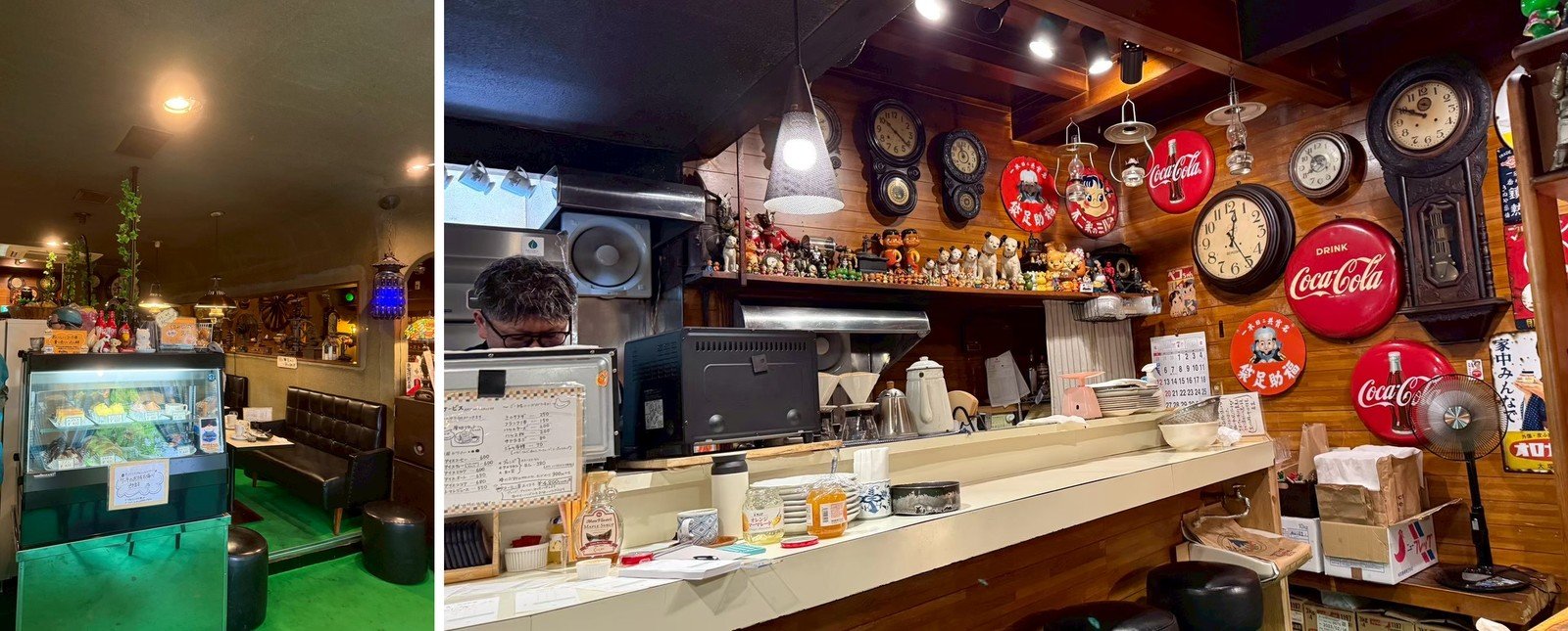 青森 喫茶マロン 店內綠色地毯、復古皮椅、甜點蛋糕櫃與吧檯古董鐘牆